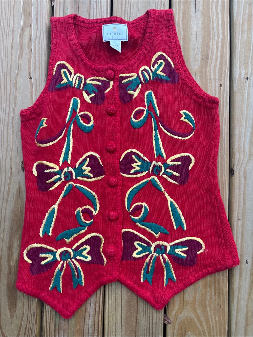 Express Tricot vintage Red Knit Vest with Green & Yellow Bow Accents medium